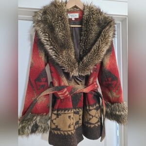 Tasha Polizzi Red and Brown Patterned Jacket with Fur Trim